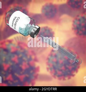 Rappresentazione 3D di un background medico con vaccino e siringa covid contro l'immagine delle cellule del virus Foto Stock