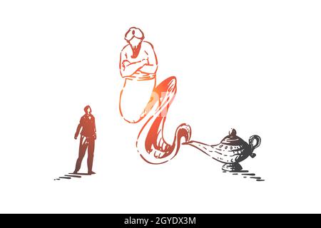 Wish Fulfillment, disegno di concetto fiabesco. Uomo d'affari convocato genie con lampada magica, creatura mitica araba, fiaba orientale tradizionale, f Foto Stock