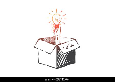 Pensare allo schizzo del concetto di casella esterna. Mano umana in confezione contenente lampadina incandescente, generazione di idee creative, brainstorming di successo, innovativo Foto Stock