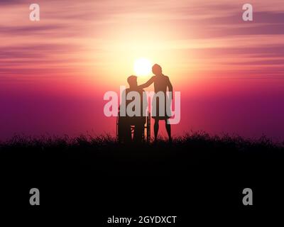 Rendering in 3D di una silhouette di un uomo in sedia a rotelle con una donna contro un paesaggio al tramonto Foto Stock