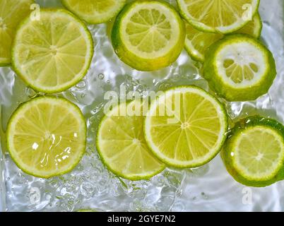 Primo piano fette fresche di lime verdi su sfondo bianco. Fette di lime in acqua frizzante su sfondo bianco, primo piano. Soda di agrumi. Spazio di copia. Foto Stock