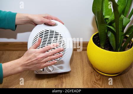 La ragazza tiene le mani vicino al riscaldatore della ventola di plastica e le riscalda le mani, regolando la temperatura a casa, il flusso di calore Foto Stock