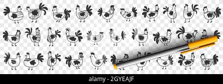 Galline e gostri doodle set. Collezione di sagome scure disegnate a mano di galline da fattoria e gallo in file per l'agricoltura su terreni agricoli isolat Foto Stock