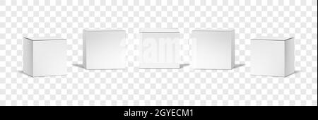 Set di mockup di caselle bianche realistiche. Illustrazione di stile realismo disegnato cosmetici in bianco confezioni modelli scatole. Raccolta di basso piccolo cubico cardboa Foto Stock