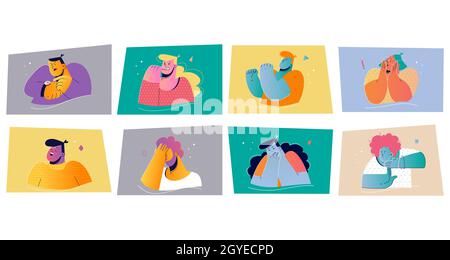 Emozione, concetto di insieme di espressione del volto. Illustrazione vettoriale positiva e negativa delle persone emotive per la stampa. Collezione di uomini donne personaggi cartoni animati Foto Stock