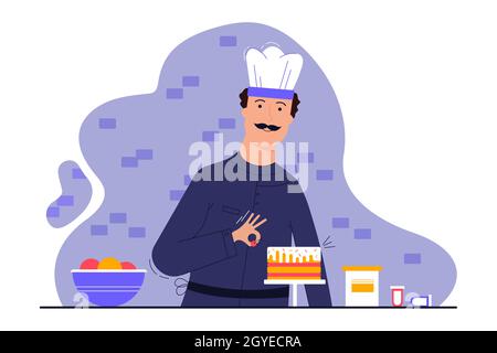Cucina, decorazione, professione, creatività, concetto di lavoro. Giovane uomo ragazzo cucina dolciario preparazione torta decorazione in cucina ristorante. Creativa Foto Stock