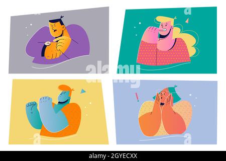 Emozione, concetto di insieme di espressione del volto. Illustrazione emotiva positiva e negativa delle persone per la stampa. Collezione di uomini donne cartoon caratteri checi Foto Stock