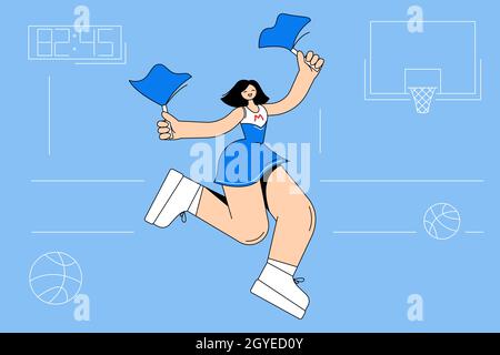 Cheerleading, ballando, il concetto di sport di allietazione. Giovane bella ragazza sorridente cheerleader personaggio cartoon in costume blu danzando muovendosi con pomposi e. Foto Stock