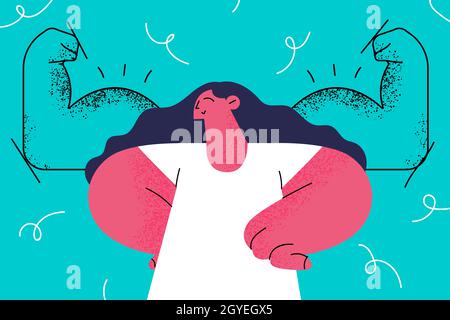 Confidenza femminile di sé, stima, concetto di forza. Donna coraggiosa in piedi mostrando bicipite di fronte a paure come potente eroe sensazione potente sicuro showi Foto Stock