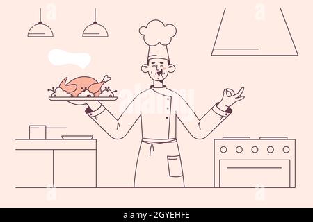 Lavorare come cuoco nel concetto di ristorante. Giovane chef sorridente in cartoon uniforme bianco in piedi e tenendo in mano tacchino o pollo arrosto Foto Stock