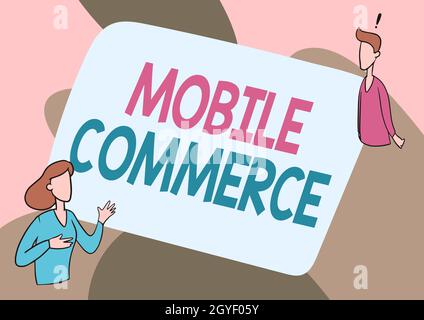 Testo che mostra ispirazione Mobile Commerce, Business Approach tutte le transazioni commerciali online utilizzando smartphone Lady Illustration avere Exploratory Foto Stock