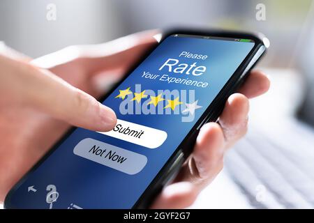 Questionario di valutazione sondaggio online per adulti al telefono Foto Stock