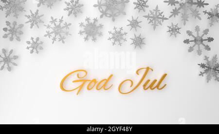 Modern Scandinavian Merry Christmas background testo dorato e fiocchi di neve d'argento su sfondo bianco, rendering 3d, illustrazione 3d Foto Stock