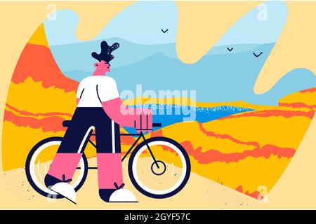 Viaggio in bicicletta illustrazione vettoriale. Giovane uomo personaggio cartoon in piedi guardando il paesaggio vista mare mentre si viaggia in bicicletta da solo sulla natura v Foto Stock