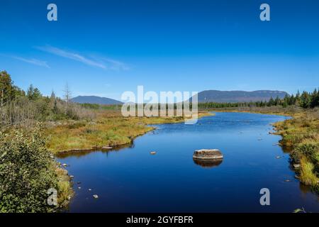 Tom Bog pigro con Katahdin in background al Baxter state Park in una mattina presto autunno Foto Stock