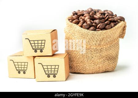 Scatola con il simbolo del logo del carrello della spesa sui chicchi di caffè, Import Export Shopping online o servizio di consegna eCommerce Store spedizione del prodotto, commercio, scorte Foto Stock