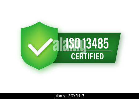 Icona neon con badge certificato ISO 13485. Timbro di certificazione. Illustrazione dello stock vettoriale. Illustrazione Vettoriale