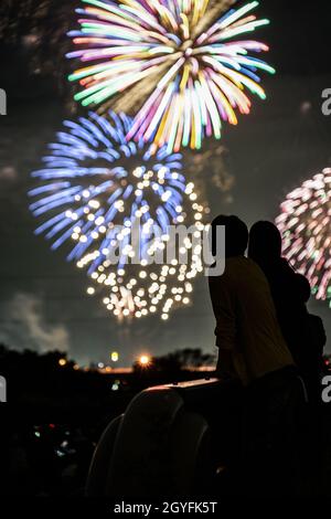 Fuochi d'artificio sul fiume Tama (2018). Luogo di ripresa: Area metropolitana di Tokyo Foto Stock