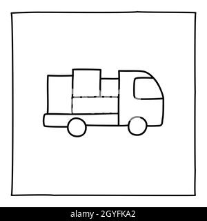 Doodle truck icona, disegnata con linea sottile, isolato su sfondo bianco. Illustrazione Vettoriale. Foto Stock