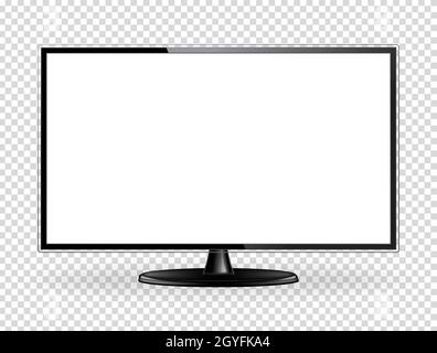 Schermo piatto realistico. Moderno pannello lcd a parete, tipo LED, isolato su sfondo bianco. Ampio monitor per computer. Televisione vuota templ Foto Stock