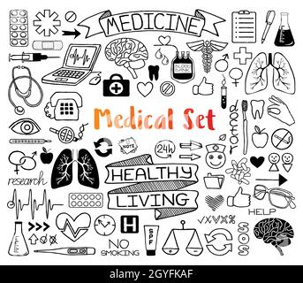 Doodles medico insieme di icone con strumenti scientifici, organi umani, diagrammi ecc, mano disegnata con linea sottile. Illustrazione vettoriale isolata su sfondo bianco Foto Stock