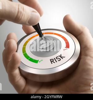 Man mano che utilizza un joystick concettuale su sfondo grigio. Concetto di gestione strategica del rischio o di processo decisionale. Immagine composita tra una fotografia Foto Stock