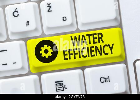 Sign che mostra l'efficienza dell'acqua, Business Concept ridurre lo spreco di acqua misurando la quantità di acqua richiesta typewriting End User License Agreement, Foto Stock