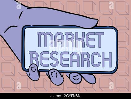 Segno di testo che mostra la ricerca di mercato, idea di affari che raccoglie le informazioni sui bisogni e le preferenze dei consumatori illustrazione della mano dell'adulto che tiene SH mobile Foto Stock
