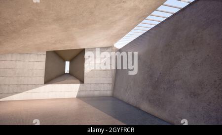 Interni monumentali, astratta struttura minimalista in cemento architettonico. Illustrazione 3D. Foto Stock