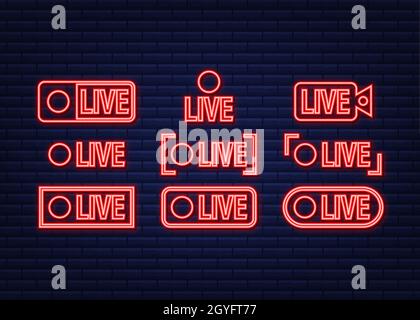 Pulsante webinar Live, icona neon. Illustrazione vettoriale Illustrazione Vettoriale