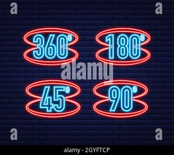 Al neon l'icona dell'angolo a 360 gradi. Simbolo matematico geometrico. Rotazione completa Illustrazione Vettoriale