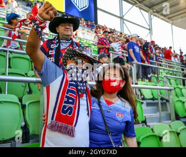 7 ottobre 2021: Tifosi del Team USA prima dell'inizio di una Coppa del mondo FIFA tra gli Stati Uniti e la Giamaica il 7 ottobre 2021 ad Austin, Texas. USA ha vinto 2-0. (Credit Image: © Scott Coleman/ZUMA Press Wire) Foto Stock