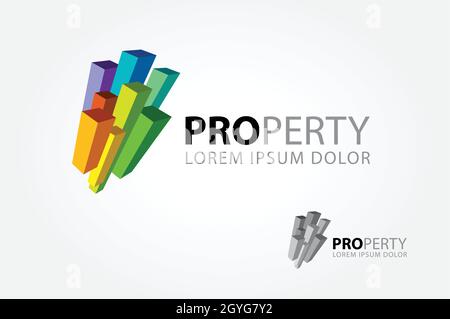 Modello di logo Property Vector. La barra dei colori 3D astratta simboleggia un edificio o una proprietà. Illustrazione Vettoriale