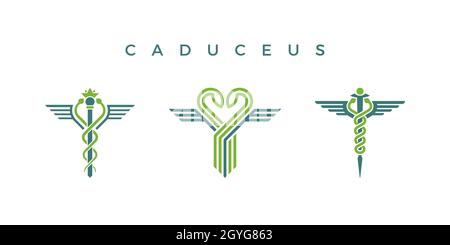 Caduceus icone isolate con serpenti, corona e ali forma. Set di logo medico vettoriale. Illustrazione Vettoriale