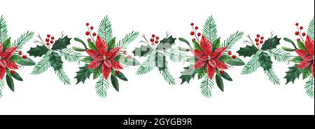 Acquerello bordo senza giunture con le piante di Natale e bacche di festa. Elemento decorativo per inviti e biglietti d'auguri Foto Stock