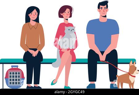 Illustrazione vettoriale coda alla clinica veterinaria. Le persone con animali domestici sono in attesa sulla panca. Proprietari di gatti e cani, in stile piatto. Isolato su bianco Illustrazione Vettoriale