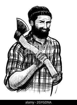 Jack di lumberjack canadese con ascia. Disegno in bianco e nero con inchiostro Foto Stock