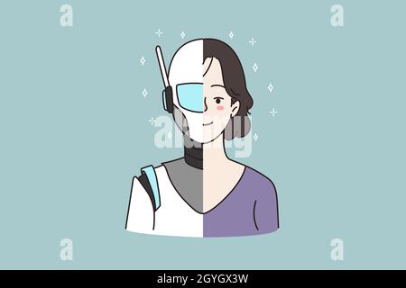 Profilo ritratto immagine faccia di mezzo robot mezzo umano. Donna cyborg e persona su una foto. Intelligenza artificiale, futuristico modello digitale femminile virtuale. Innovazione. Illustrazione vettoriale piatta. Illustrazione Vettoriale