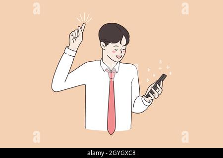 Sorridente giovane uomo con cellulare ricevere un buon messaggio e-mail su gadget. Il ragazzo eccitato ottiene l'idea brillante, ricerca il dispositivo dello smartphone. Maschio felice leggere grandi notizie in linea su cella. Illustrazione vettoriale piatta. Illustrazione Vettoriale