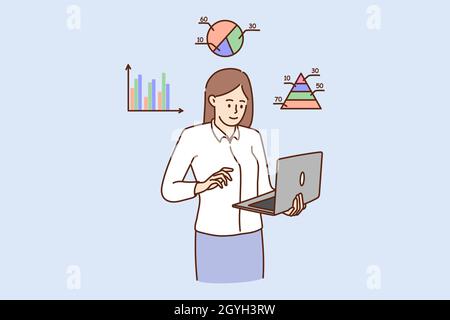 Giovani donne d'affari lavorano al computer analizzare diagrammi e grafici per il rapporto delle statistiche finanziarie. L'analista femminile lavora con l'infografica su un notebook. Banca, concetto di finanza. Illustrazione vettoriale. Illustrazione Vettoriale