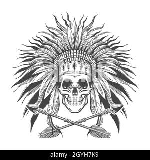 Cranio umano con cofano da guerra nativo americano e tatuaggio a due frecce incrociate. Illustrazione vettoriale. Illustrazione Vettoriale