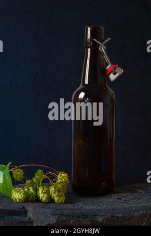 Bottiglia di birra marrone retrò su sfondo di pietra con luppolo pianta. Bevanda scura ancora vita Foto Stock