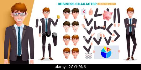 Set vettoriale kit di personaggi uomo d'affari. Personaggi per la creazione di uomini d'affari con testa, braccia ed elementi aziendali modificabili per l'espressione facciale dei dipendenti. Illustrazione Vettoriale