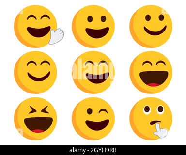 Set di vettori emoticon flat smileys. Emoticon carattere in espressioni felici, sorridenti e ridenti con gesti delle mani di ondulazione e pensiero per emoji. Illustrazione Vettoriale