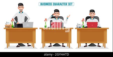 Set di vettori di caratteri di lavoro businessman. Uomo d'affari seduta, conversazione e lavoro in sedia e tavolo da ufficio per lavoro dipendente boss. Illustrazione Vettoriale