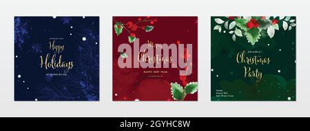 Allegro Natale e le carte quadrate vacanza acquerello collezione. Foglie e rami di Holly sulla neve che cadono con acquerello dipinto a mano. Adatto per c Illustrazione Vettoriale