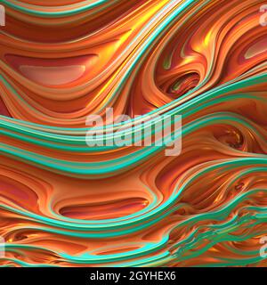 Composizione trendy in colori arancio e blu. Sfondo liquido 3D astratto. Foto Stock