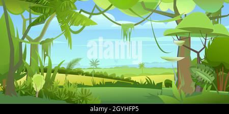 Alberi della giungla. Verde paesaggio. Spessi densi. Vista dalla foresta tropicale panorama. Paesaggio rurale meridionale. Illustrazione in stile cartoon design piatto Illustrazione Vettoriale