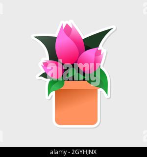 Tre tulipani rosa in una pentola di argilla con adesivo verde foglie. Da utilizzare per il negozio di fiori, la classe botanica, le vendite primaverili e i regali per la festa della mamma. Illustrazione Vettoriale