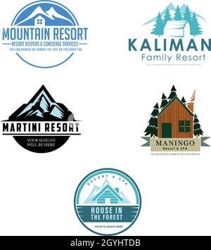 Set di design con logo di un resort di montagna in cabina Illustrazione Vettoriale